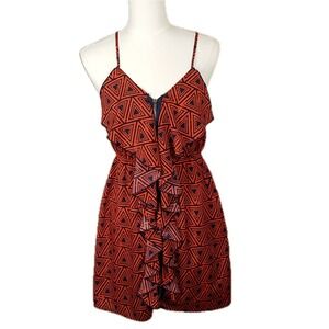 Prevett Red Black Geometric RuffledFront Dress Medium 0158